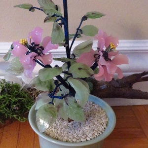 Vintage Chinese Glass Jade Sweeping Sakura Pink Cherry Bonsai Tree Celadon Pot