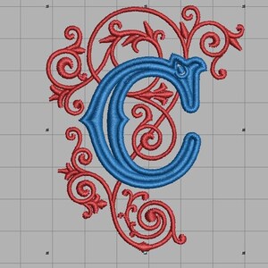 Letra adornada "C" Diseño de bordado de pluma en aro 4x4, descargar para diferentes máquinas Archivo de bordado Diseño digital Descarga instantánea