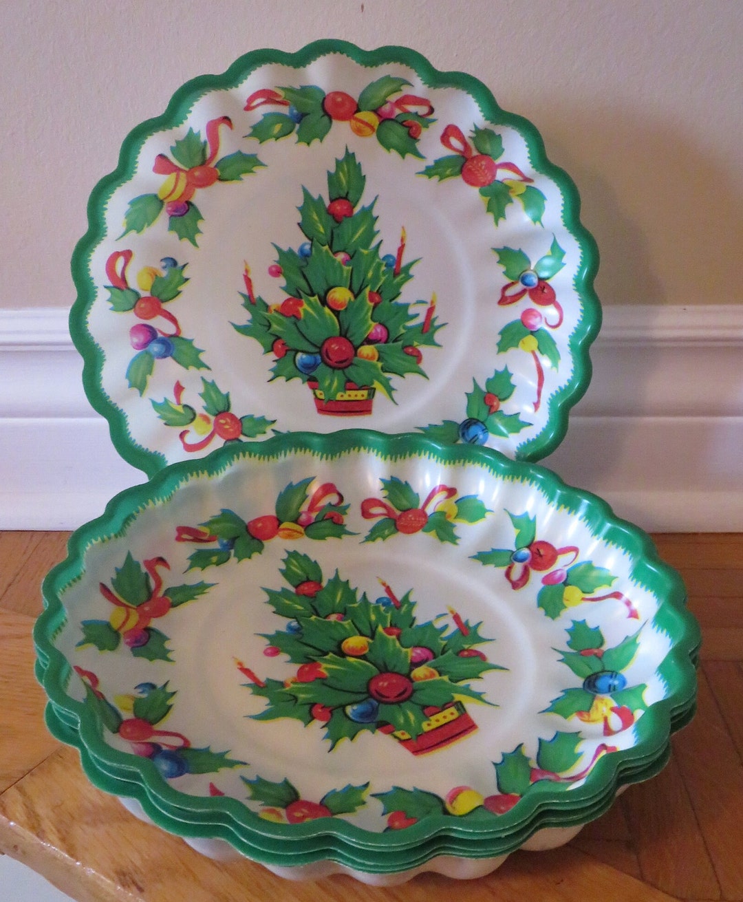 Set of 6 Vintage Plastic Christmas Themed Serving Trays Dainty Trays
