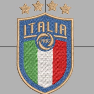 May include: A blue shield with a white and red Italian flag inside. The shield has the word "ITALIA" in gold letters above the flag and the letters "FIGC" in gold letters inside a gold circle above the flag.