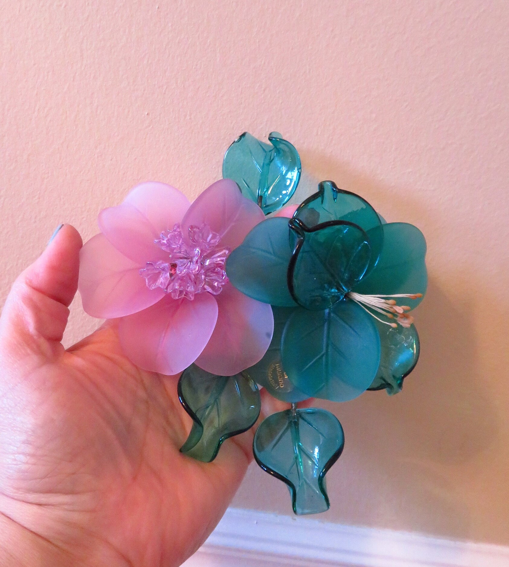 Vintage Hand Made Murano glass flowers with green leaf ,collection,rare color,satin and pink glass made in Italy