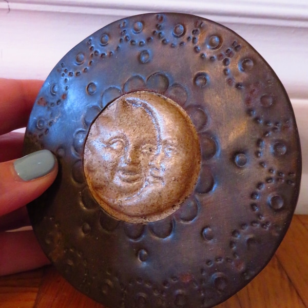 Vintage metal sun and moon trinket box, made in Mexico, love spell box, jewelry holder