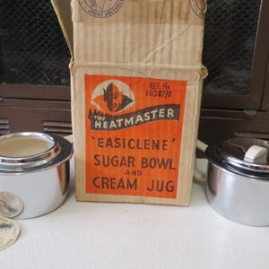 Vintage Heatmaster cream and sugar set ceramic with chrome encasement 1950s WBOX