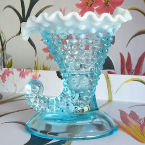 Rare Fenton Blue Opalescent Hobnail Glass Cornucopia Vase - c1940s