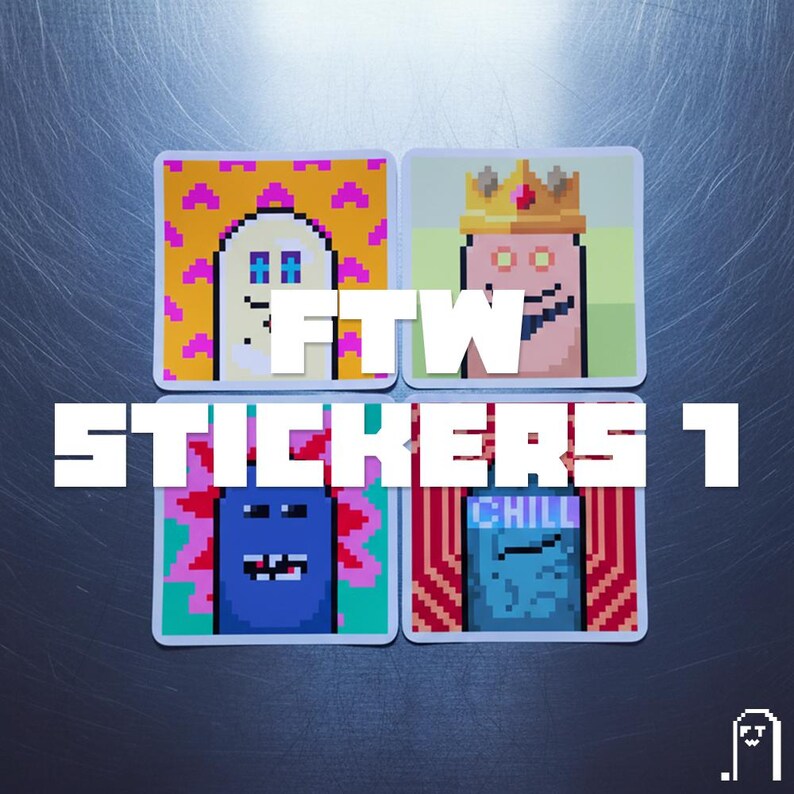 Puede incluir: Cuatro pegatinas cuadradas con personajes de dibujos animados pixelados. Las pegatinas tienen una variedad de colores, incluyendo azul, rosa, amarillo y rojo. El texto "FTW STICKERS 1" est&aacute; superpuesto.