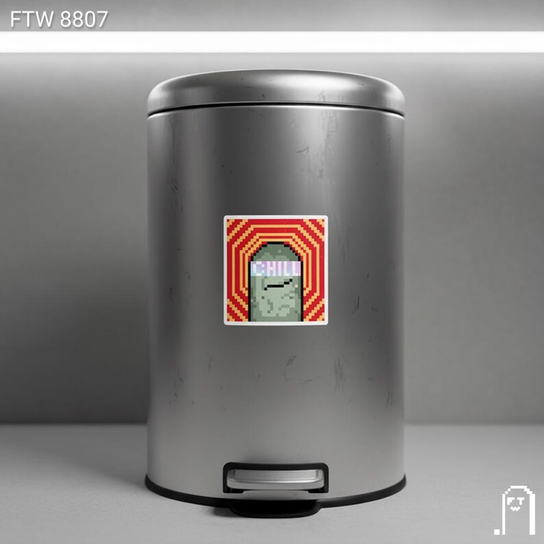 Puede incluir: Un cubo de basura plateado con un pedal negro y una pegatina cuadrada. La pegatina tiene un dise&ntilde;o pixelado con la palabra "CHILL" en fuente morada clara. La pegatina est&aacute; enmarcada por un patr&oacute;n rojo y amarillo.