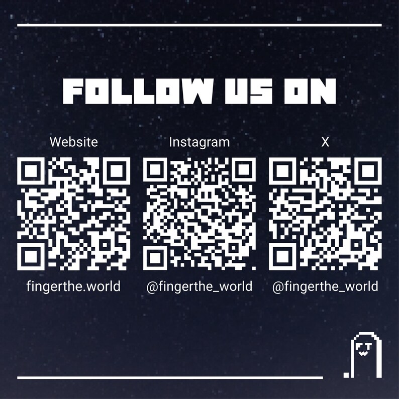 Puede incluir: Gr&aacute;fico azul oscuro con el texto "FOLLOW US ON" en blanco. Debajo hay tres c&oacute;digos QR, etiquetados como "Website", "Instagram" y "X", cada uno con un nombre de usuario correspondiente: fingerthe.world y @fingerthe_world. Un gr&aacute;fico de fantasma pixelado est&aacute; en la esquina inferior derecha.
