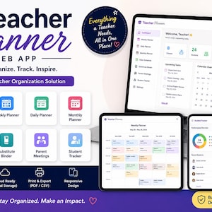 May include: A Teacher Planner web app interface displayed on a laptop, tablet, and smartphone. The screen shows a dashboard, weekly and daily planners, and student trackers. Text includes "Teacher Planner," "Plan. Organize. Track. Inspire."