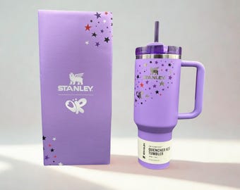 Purple Butterfly Tumbler 40oz with Handle & Straw, Insulated Stainless Steel Travel Mug, Lavender Quencher Cup,  Reusable Water Tumbler