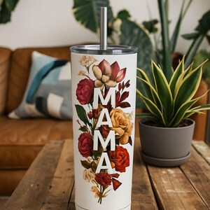 Skinny MAMA Floral Tumbler with Straw, Stainless Steel Travel Cup for Mom, Mothers Day Gift Idea, Boho Mom Drinkware, Insulated 20oz Tumbler