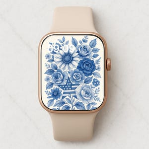Sfondo Chinoiserie Blue Florals per Apple Watch - Quadrante con fiori in porcellana vintage, download digitale