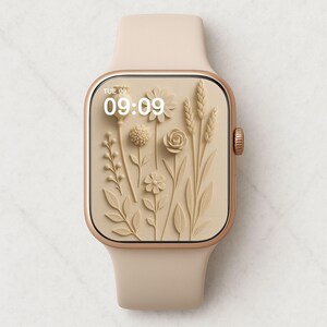 Beige Botanical Bliss - Sfondo per Apple Watch con fiori neutri, quadrante Calm Nature, estetica AI Earth