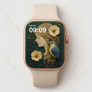 Quadrante Apple Watch con motivo floreale / Donna pacifica con uccello / Musa della natura calma / Arte botanica femminile delicata / Download digitale