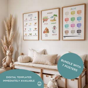 Könnte beinhalten: Drei gerahmte Lehrplakate mit Holzrahmen. Die Poster zeigen die Monate, Jahreszeiten und Farben. Der Text "DIGITAL TEMPLATES IMMEDIATELY AVAILABLE" und "BUNDLE WITH 7 POSTERS" ist ebenfalls sichtbar.