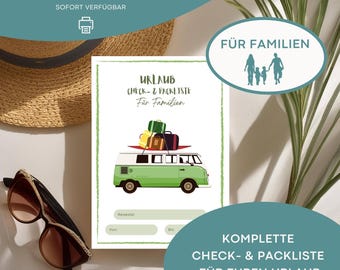 Liste de contrôle et d'emballage pour les vacances en famille (PDF), modèle numérique A4 pour impression, préparation des vacances avec notes, liste de contrôle et d'emballage pour les voyages