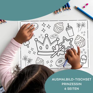 Princess Placemat Coloring Page, Children&#39;s Birthday Party, Digital Template, PDF to Print, 6 Pages Coloring Pages for Children, Coloring Pages