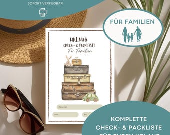 Liste de contrôle et d'emballage pour les vacances en famille (PDF), modèle numérique A4 pour impression, préparation des vacances avec notes, liste de contrôle et d'emballage pour les voyages