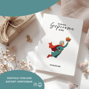 Tarjeta A5 Abuela, plantilla digital para imprimir, Día de la Madre, regalo, idea de regalo para el Día de la Madre, la abuela es la mejor, gracias, nieta, nieto
