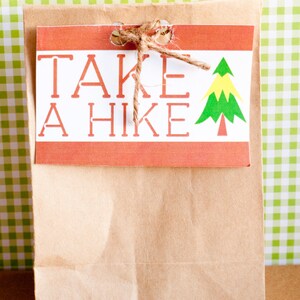May include: A brown paper bag with a red and white tag that reads "TAKE A HIKE." The tag features a green and yellow tree graphic and is tied with twine. The background is a green and white checkered pattern.