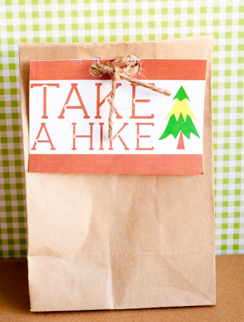 May include: A brown paper bag with a red and white tag that reads "TAKE A HIKE." The tag features a green and yellow tree graphic and is tied with twine. The background is a green and white checkered pattern.
