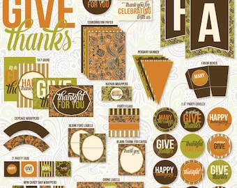 Give Thanks Thanksgiving PRINTABLE Party (INSTANT DOWNLOAD) by Love The Day