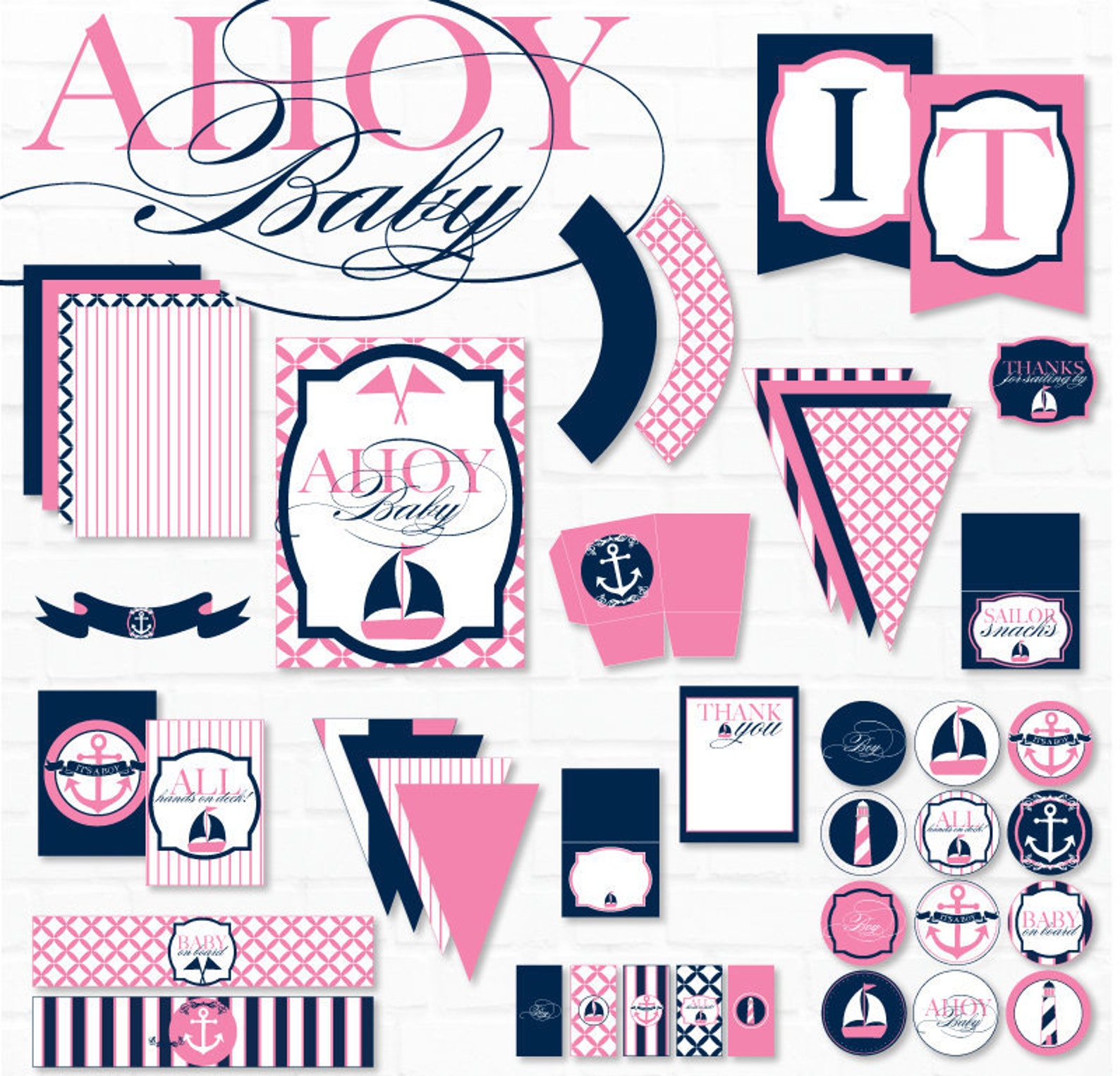 Girly Nautical Baby Shower PRINTABLES INSTANT DOWNLOAD by | Etsy