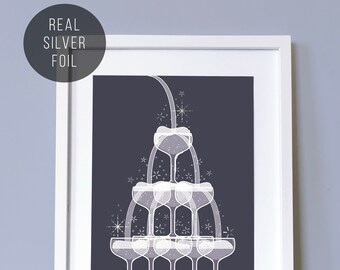 Silver Foil Champagne Tower Print