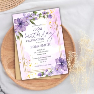 May include: A birthday invitation with a floral design. The invitation features a gold frame, purple watercolor accents, and purple flower illustrations. Text includes "30th birthday celebration" and RSVP information.