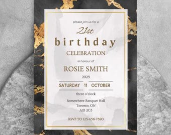 Birthday Invitation Template, Editable Birthday Invitation, Black and Gold Invite, Marble Birthday Invite, Digital Download Template