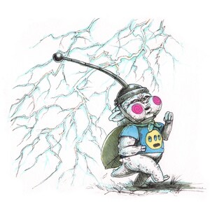 May include: A quirky illustration of a creature with large pink eyes and a helmet, wearing a blue shirt with a yellow smiley face. It has a green cape and antenna, walking in front of a lightning background.