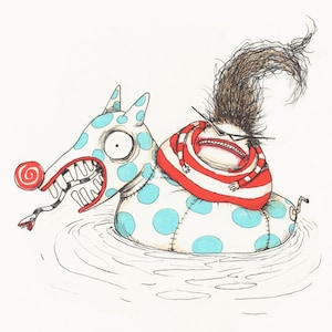 Op de afbeelding: Een cartoonillustratie van een persoon met wild haar dat op een blauw en wit gestippeld opblaasbaar dier rijdt dat eruitziet als een hond met een rood-wit gestreept shirt en een rode lolly op zijn neus.