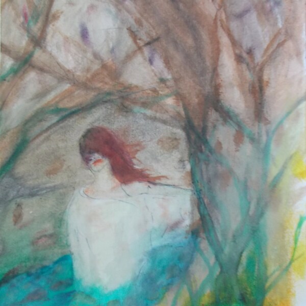 Original One Of A Kind Female watercolor painting In The Water Trees