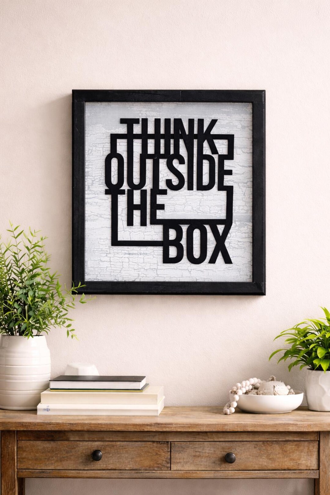 Think Outside the Box Wall Art | Black Metal Word Sign on Distressed ...