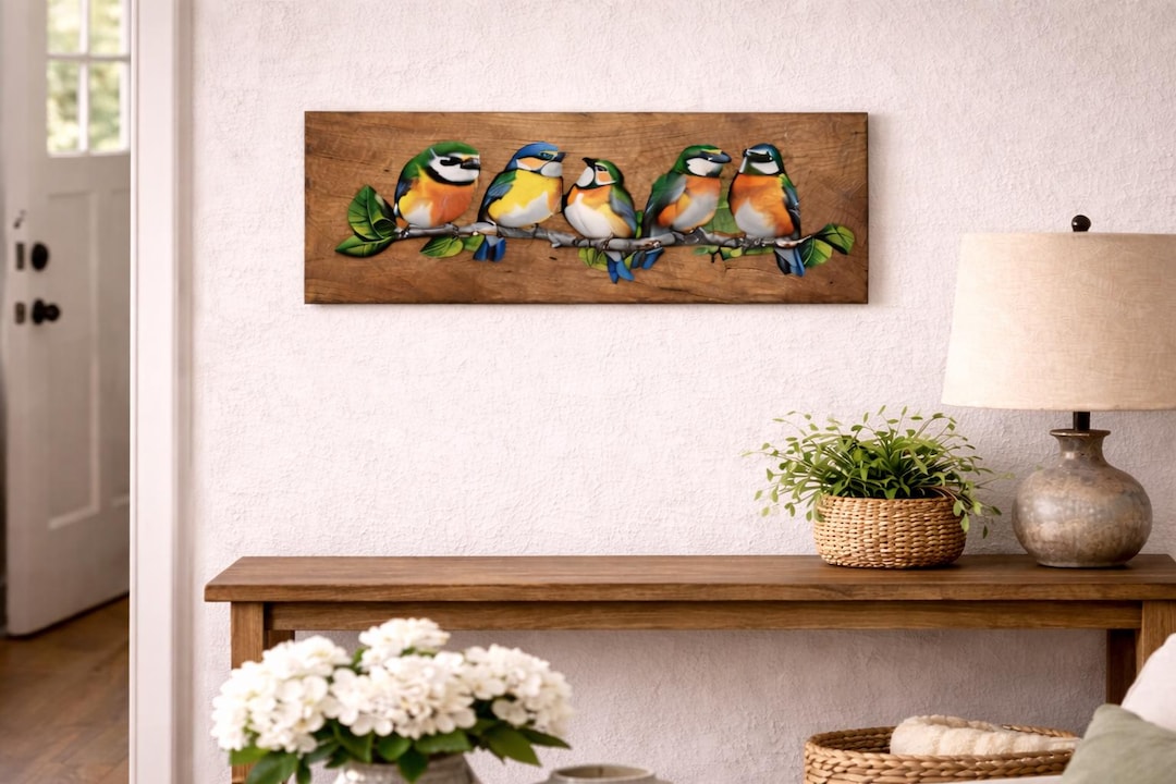 Bird Wall Art on Cherry Wood | Painted Metal Silhouette | Nature Wall ...
