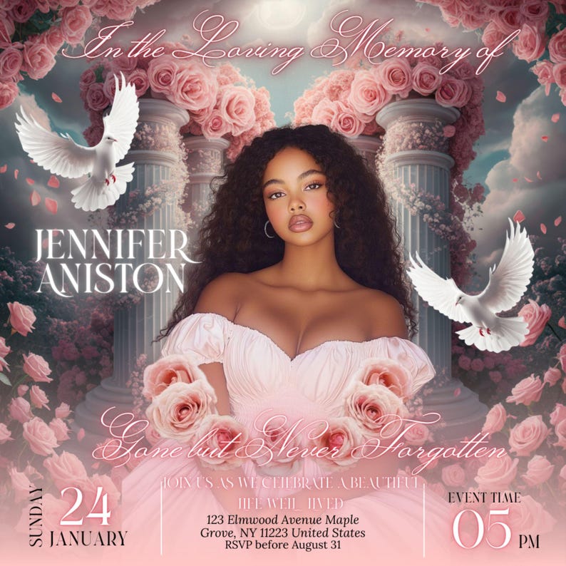 May include: A memorial invitation with a pink and white floral design. The text reads "In the Loving Memory of Jennifer Aniston" and "Gone but Never Forgotten." Includes event details: Sunday, 24 January, 5 PM.