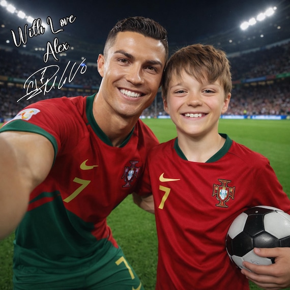 Personalized took a selfie with Ronaldo Soccer Portrait with Autograph – Custom Cr7 Soccer Portrait Gift for Kids & Football Fans