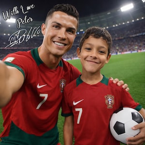 May include: A selfie featuring two people wearing red soccer jerseys with the number 7 and a white Nike swoosh. One person holds a soccer ball. The jerseys have a green collar and a crest. The image includes the text "With Love Peter" and a signature.
