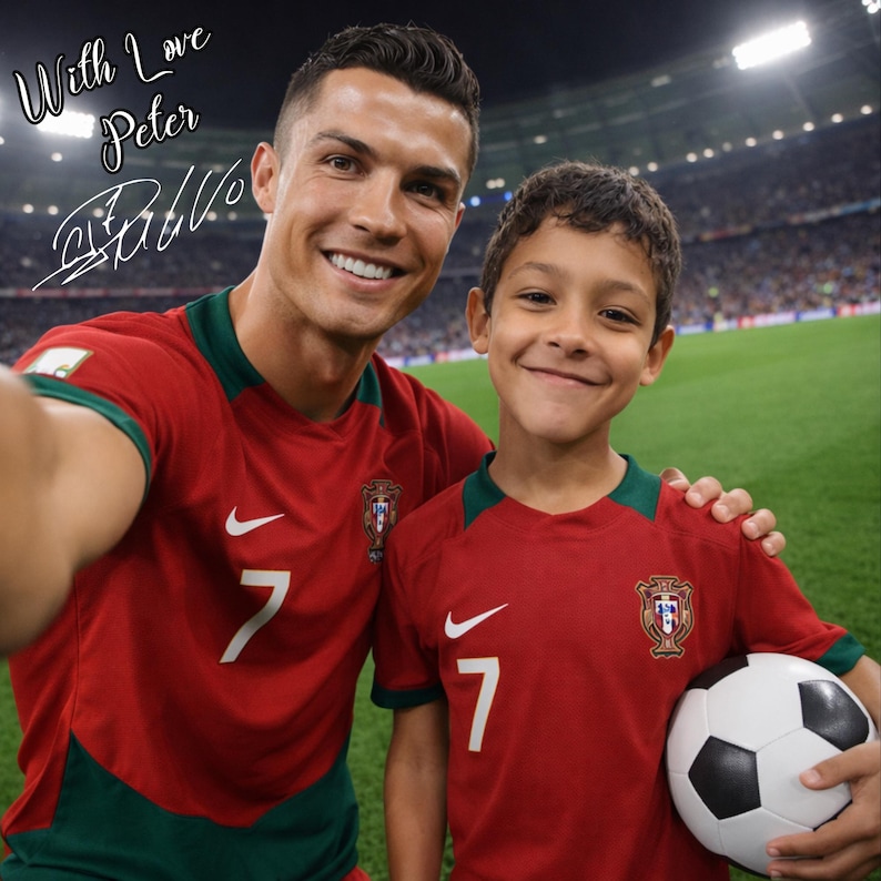 May include: A selfie featuring two people wearing red soccer jerseys with the number 7 and a white Nike swoosh. One person holds a soccer ball. The jerseys have a green collar and a crest. The image includes the text "With Love Peter" and a signature.