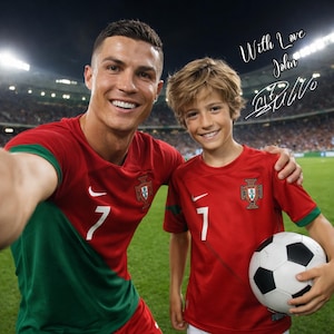May include: Two people wearing red soccer jerseys with green and white accents, posing for a selfie. The jerseys have the number 7 and a crest. One person holds a soccer ball. The image includes the text "With Love John" and a signature.