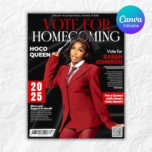 Könnte beinhalten: Ein Magazin-Cover mit einer Frau in einem roten Anzug, die für die Homecoming Queen kandidiert. Die Schlagzeile lautet "Vote for Homecoming" mit dem Namen der Kandidatin. Das Cover enthält den Text "HOCO QUEEN" und das Jahr "2025".