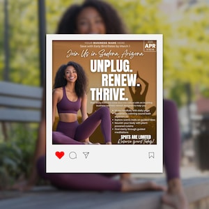 May include: An advertisement for a wellness retreat in Sedona, Arizona, featuring a woman in purple activewear. The text reads "Unplug. Renew. Thrive." and lists activities like yoga, hikes, and meditation. The image has social media-style icons.