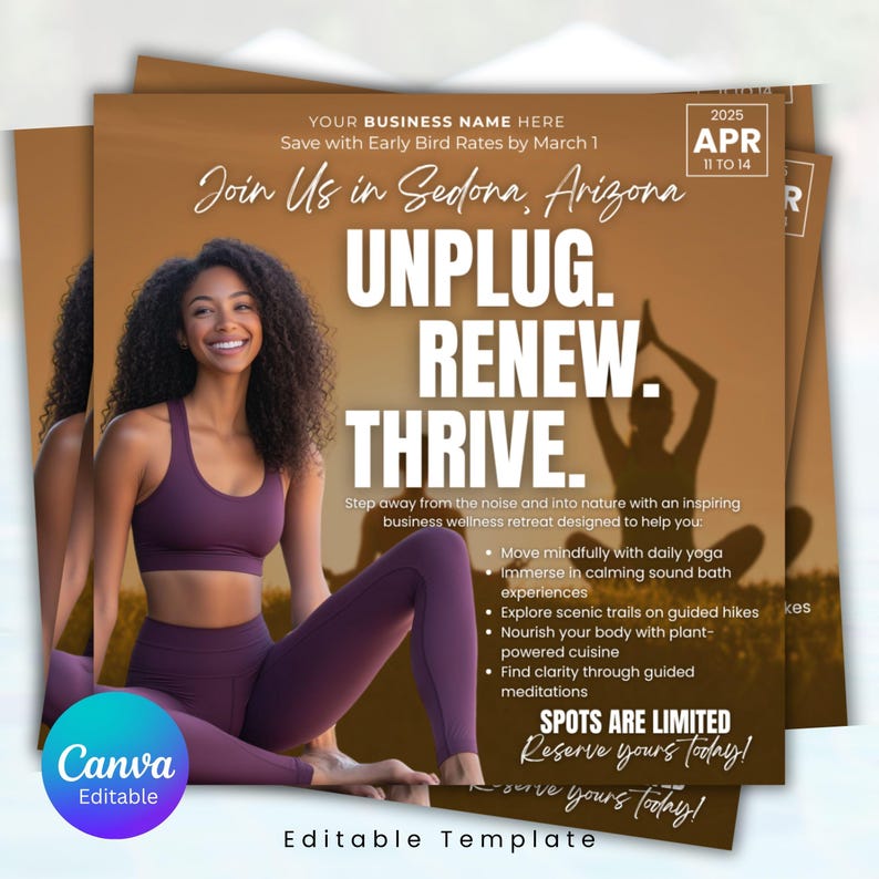 May include: Promotional flyer for a wellness retreat in Sedona, Arizona. The design features a woman in activewear, the text "UNPLUG. RENEW. THRIVE.", and details about the retreat, including dates and activities. The flyer is an editable template.