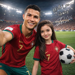 May include: A selfie of a man and a girl wearing matching red soccer jerseys with the number 7 and a crest. The girl holds a soccer ball. The background shows a soccer stadium. Text reads "With Love Jessica" and a signature.