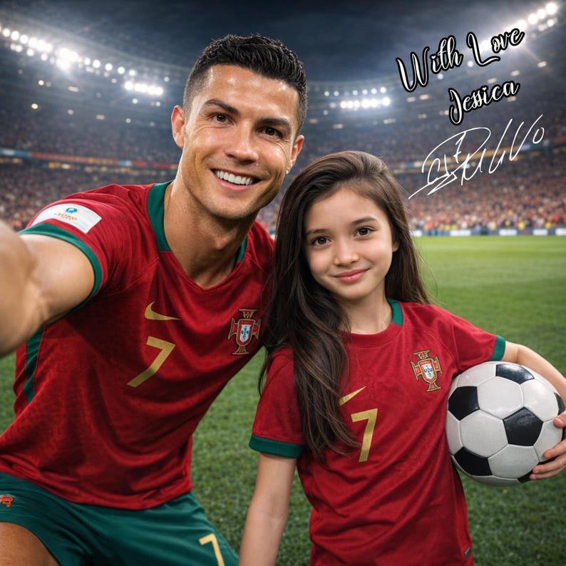 May include: A selfie of a man and a girl wearing matching red soccer jerseys with the number 7 and a crest. The girl holds a soccer ball. The background shows a soccer stadium. Text reads "With Love Jessica" and a signature.