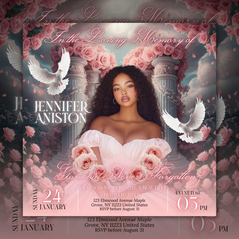 May include: A memorial invitation featuring a woman in a pink dress, with pink roses and doves. The text reads "In the Loving Memory of Jennifer Aniston" and "Gone but Never Forgotten."