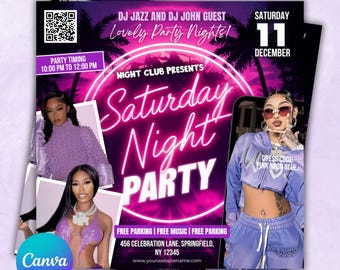 Saturday Party Flyer, Club Party Flyer, Saturday Night Club Flyer Template, DIY Event Party Flyer, Canva Template, Editable Neon Party Flyer