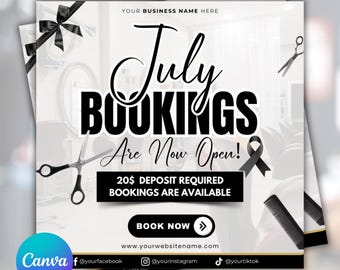 July Booking Flyer, July Appointments Available Flyer, Summer Calendar Flyer, Summer Books Open, Beauty Braids Lashes Hair MUA, DIY Canva