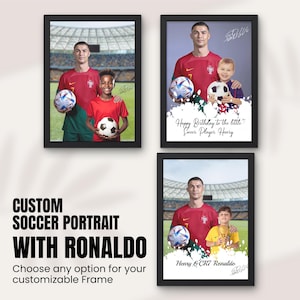 Könnte beinhalten: Ein digitales Porträt von Cristiano Ronaldo und einem Kind, beide tragen Fußballtrikots. Der Hintergrund ist ein Fußballstadion. Der Text "Happy Birthday to the little Soccer Player Henry" und "Henry & CR7 Ronaldo" ist im Bild enthalten.