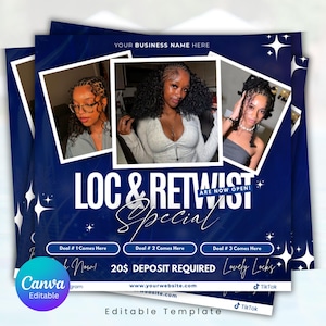 Locs specials flyer, party flyer, booking flyer, hair flyer, braid flyer, flyer template, salon flyer, Canva Editable Flyer, LOC & RETWIST