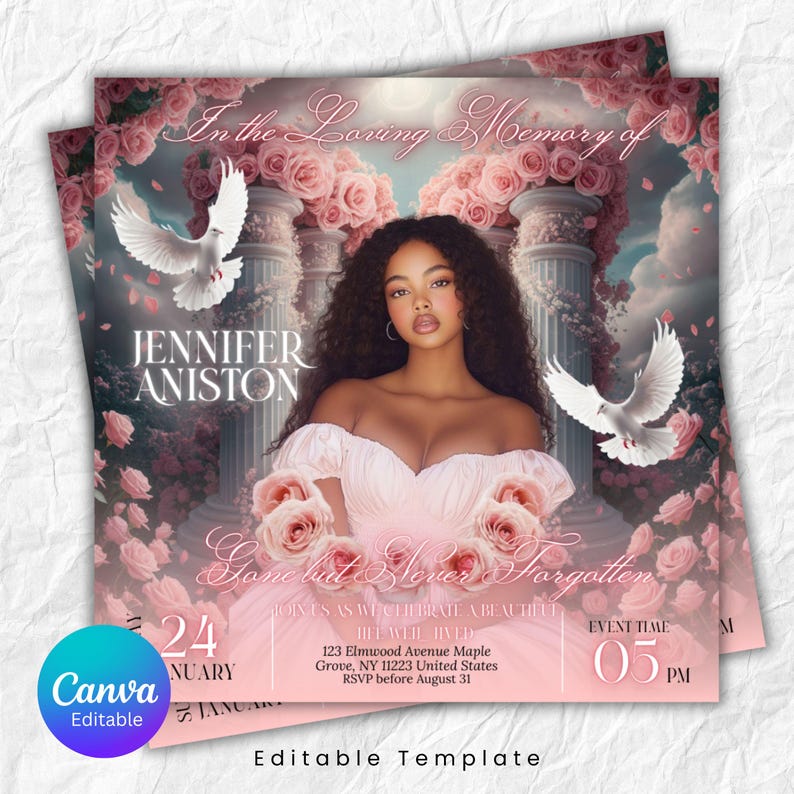May include: A memorial invitation with a portrait of a woman in a pink dress, surrounded by roses and doves. The text reads "In the Loving Memory of Jennifer Aniston" and includes event details.